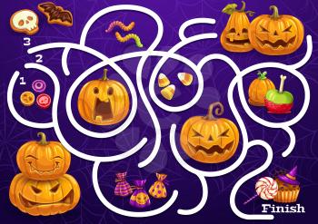 Kids maze game with Halloween sweets, pumpkins and spider web. Vector labyrinth puzzle find correct way board game. Task with tangled path and candies. Children education riddle, preschool activity