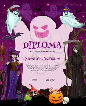 Certificate, Halloween cartoon diploma template, vector kid achievement or education award. Halloween diploma or certificate with pumpkin monsters, witches and ghosts, holiday black cat and death