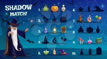 Child Halloween shadow match game with sorcery artifacts. Kids math exercise, children playing activity with matching task. Sorcerer cartoon character with magic wand, Halloween pumpkin and potions