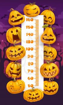 Halloween cartoon pumpkins kids height chart, growth measure vector design. Ruler scale of measuring meter or stadiometer with frame of horror holiday lanterns on background of spooky night cemetery