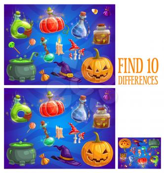 Kids find ten differences Halloween quiz game. Child playing activity or riddle worksheet, children educational game with details compare task. Halloween pumpkin, witch hat and cauldron, magic potions
