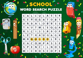 Word search puzzle worksheet. Kids quiz game with school characters. Education vector crossword with cartoon funny globe, apple, sharpener and scissors or eraser with microscope, kids find words task