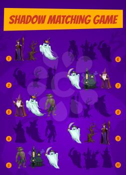 Kids game shadow match with halloween magician characters. Children logic activity, preschool or kindergarten education. Cartoon worksheet with magic personages, riddle for logical mind development