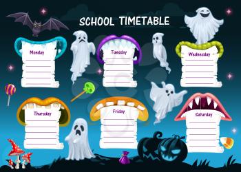 School timetable schedule template, Halloween cartoon weekly planner table, vector. Halloween holiday school week planner, education schedule organizer timetable with monster ghosts and pumpkins