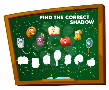 Find the correct shadow game worksheet. School education blackboard with education characters. Matching task with cartoon vector textbook, apple, sharpener and magnifier silhouettes, kids riddle maze