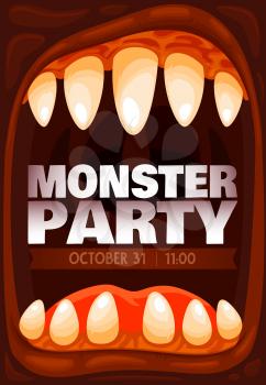 Monster party vector invitation of Halloween holiday in frame of horror zombie monster mouth or screaming jaws of ogre with creepy teeth. Cartoon poster of Halloween trick or treat night celebration