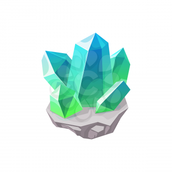 Crystal gem, gemstone or mineral stone and precious jewel, vector isolated icon. Diamond or quartz rock ice, game jewelry or glass rhinestone with blue and green emerald shine