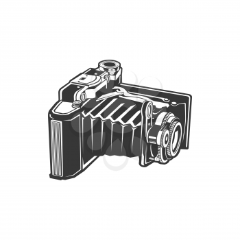 Unfolded vintage camera, old photocamera, photography shooting equipment isolated monochrome icon. Vector folding cam in retro style, manual camera. Photography making device photo-camera