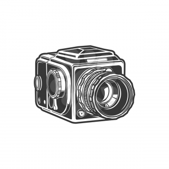 Photo-camera photography symbol isolated vintage cam with folding zoom lens or object-glass monochrome icon. Vector analog photocamera photo shooting device with lens screen, photographer instrument