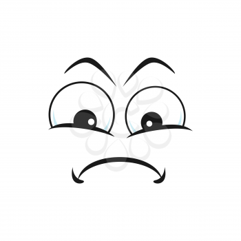 Upset emoticon with sad face expression isolated unhappy emoji icon. Vector suspicious emoji with offended sorrowful facial expression. Bored irritated smiley with big eyes depressed cartoon character