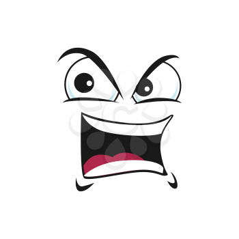 Grumpy sullen emoji, ireful or rageful emoticon isolated icon. Vector irritated angry smiley in bad mood, emoji with eyebrows up. Upset emotion, wrathy sad emoji with open mouth, angry smiley