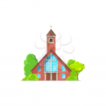 Catholic church building vector icon. Cathedral, chapel and monastery facade of red brick and cross on tower. Medieval church exterior, christian religious architecture isolated cartoon symbol