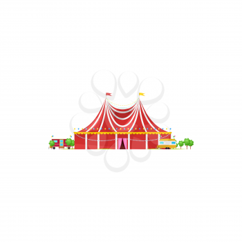 Chapito circus tent with striped roof and flag on top isolated building. Vector magic traveling cirque striped tent. Awning icon, facade of entertainment building, amusement fair, trees and trailers