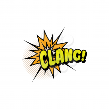 Clang comics pop art half tone bubble vector icon. Cartoon retro sound yellow cloud blast explosion with halftone pattern exclamation isolated sign