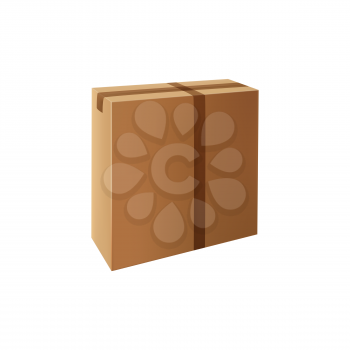 Closed carton packaging with sellotape isolate box icon. Vector packed cargo container to import or export, blank packaging to deliver goods. Horizontal narrow pack with adhesive tape, parcel mockup
