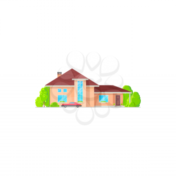 Town cottage, family mansion with chimney on roof, green trees. Vector house in flat with retro car, entrance door and windows. Residential building on sale or rent, real estate villa outdoor facade