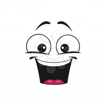 Happy cartoon face with wide smile, excited facial emoji. Funny vector emotion. Comic face with toothy smiling mouth and round eyes isolated on white background