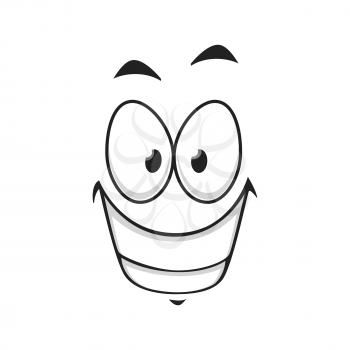 Happy cartoon face isolated vector icon, wide smile facial emoji. Funny emotion, comic face with toothy smiling mouth and wide open round eyes isolated on white background