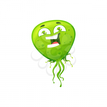 Cartoon virus cell vector icon, cute green bacteria, happy laughing germ character with funny face. Smiling pathogen microbe with big eyes, isolated micro organism symbol