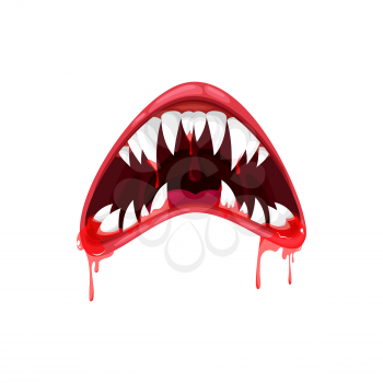 Monster mouth vector icon, creepy yelling alien beast jaws with sharp teeth and long tongue with dripping bloody saliva. Angry creature yell isolated on white background