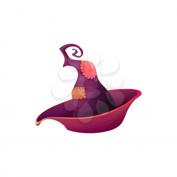 Cartoon witch hat vector icon, purple magician headwear with patches, folded brims and curled tip. Halloween wizard cap, sorceress costume isolated on white background