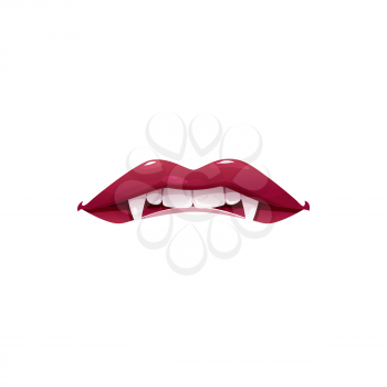 Vampire mouth with fangs vector icon. Cartoon open female red sexy bitten lip with long white pointed teeth express desire emotion isolated on white background