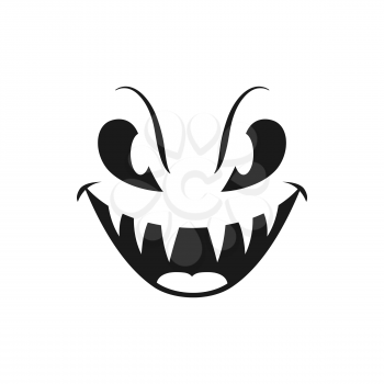 Halloween face vector icon, scary evil smile, creepy pumpkin eyes and mouth with sharp teeth. Laughing ghost, jack lantern emoji isolated monochrome monster emotion