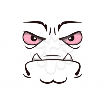 Monster face cartoon vector icon, grumpy creature, sad emotion with frowned eyes and mouth with protrude fangs. Halloween ghost, alien or spooky emoji isolated on white background