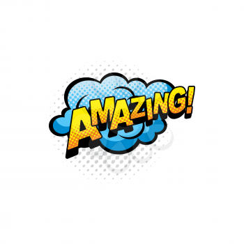 Amazing comics bubble isolated vector icon. Cartoon pop art retro sound cloud of blue color, blast explosion with halftone pattern and typography. Exclamation boom bang half tone sign