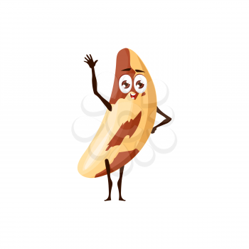 Emoticon character of spotted kidney bean isolated food ingredient with childish face, waving hand. Vector legume grain, brown fava with cute face and big eyes. Kids spotted kidney bean legume grain