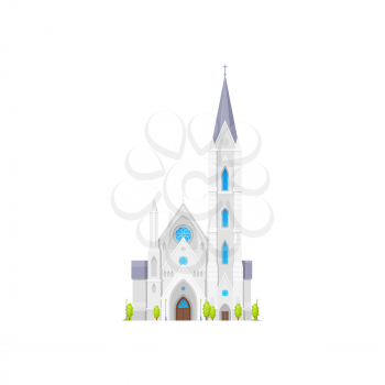 Cathedral, medieval church or chapel, vector temple or religion building. White gothic church with cross steeples or campaniles and stained glass windows of notre dam cathedral