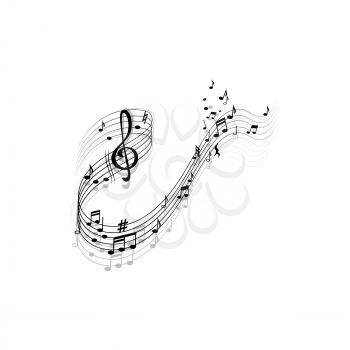 Song composing lines, melody elements treble clef and notes isolated icon with reflection shadows. Vector notes on music sheet, bass melody quaver or quarter swirls, jazz sound music sheet paper