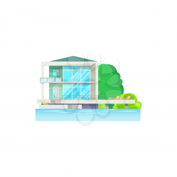 Modern house on water isolated icon. Vector beach house building, villa or cottage. Real estate seashore and bungalow. Home on seaside of tropical island, ocean, lake or river coast, trees and yacht