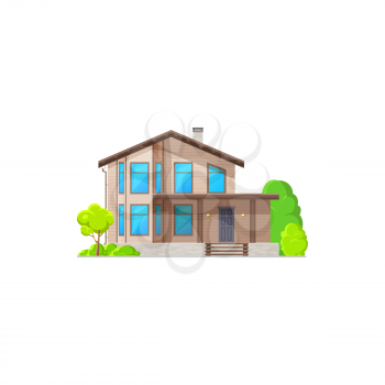 Modern house, contemporary building country style architecture isolated flat cartoon icon. Vector facade exterior of chalet building private house, villa with windows and decorative tree, luxury patio