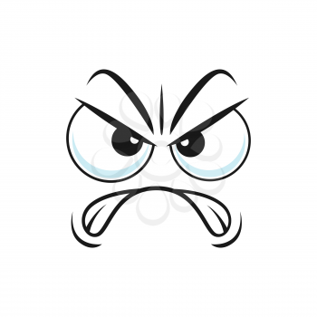 Angry disbelief emoticon expression, distrusted sad mood emoji, suspicious emoticon with angry face isolated smiley. Vector distrustful emoji with big eyes and curved down mouth, irritated face