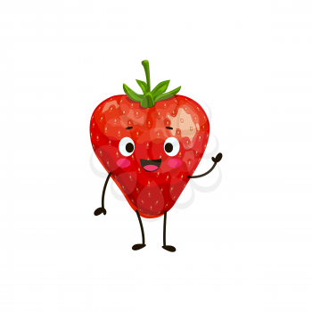 Strawberry cartoon character, vector fresh berry with funny smiling face show waving hand. Isolated ripe garden red berry with green stem, sweet dessert, element for design on white background