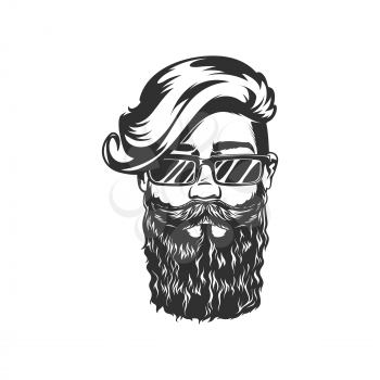 Retro hipster man with beard and moustaches in cute sunglasses isolated bearded gentleman portrait monochrome icon. Vector, sexy guy with fashion vogue haircut, barber hairdresser, barbershop