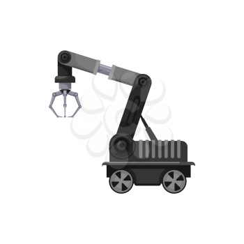 Machinery manufacture robot arm with claw on wheels isolated factory automation. Vector factory logistics technology, automation rendering robotic arm with loading element. Automated mechanic hand
