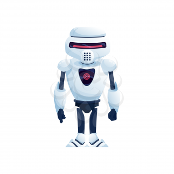 Virtual android, kids toy isolated white digital robot. Vector robot in helmet, futuristic friendly bot, artificial intelligence character. Vintage spaceman, humanoid, intelligent machine assistant