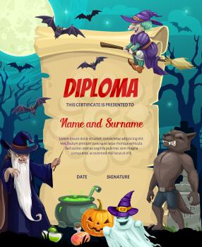 Kids diploma or achievement certificate with vector Halloween monsters. Education award scroll of school graduation or appreciation certificate with cartoon Halloween pumpkin, ghost and witch