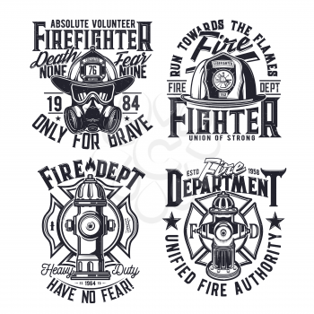 Tshirt print with firefighters equipment hydrant, gas mask, glasses and helmet vector emblems for apparel design. Fire department rescue team emergency service black and white t shirt print or labels