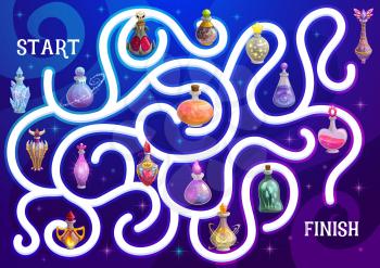 Halloween maze or labyrinth game with vector magic potion bottles. Kids education puzzle of find right way through cartoon poison, love potion or elixir jars of witch, alchemist or evil wizard
