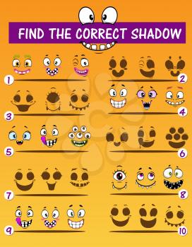 Children shadow match game with monsters faces. Kids puzzle riddle, child playing activity with silhouettes matching task. Cute creatures, cartoon monsters smiling faces with eyes and teeth