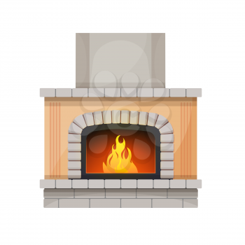 Fireplace or hearth, fire place with chimney and burning flames of wood, vector. Modern or classic old fireplace of brick, firewood stove or house oven for home fireside interior