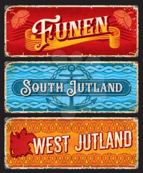 Funen, South and West Jutland Denmark plates. Danish peninsula and islands territory vector travel stickers, tin signs or grunge plates with anchor, nordic ornaments and retro typography, shabby sides
