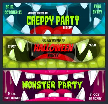 Halloween horror night party vector banners with cartoon screaming monster mouths. Trick or treat zombie, vampire dracula or alien monster invitations with frame border of open jaws, teeth and slime