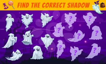 Halloween kids maze, find the correct ghost shadow vector match game. Cartoon spooky phantom characters on cemetery. Children logic activity, educational riddle worksheet with fantasy personages