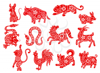 Chinese zodiac horoscope animals, red papercut characters, vector. China new year and lunar calendar zodiac signs of tiger, rat and horse, rabbit and pig with snake and monkey in Chinese paper cut