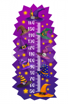 Kids height chart Halloween witch and wizard hats growth meter. Cartoon vector wall sticker design with funny magician caps. Children height measurement scale with sorceress or astrologer headwear