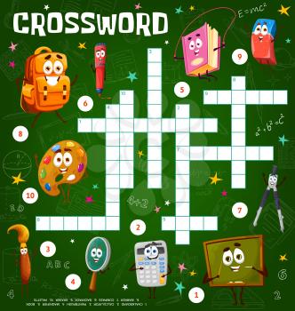 Crossword puzzle game worksheet with cartoon school education characters. Find word quiz or riddle, educational puzzle game for kids with funny school book, palette and schoolbag, compass, eraser